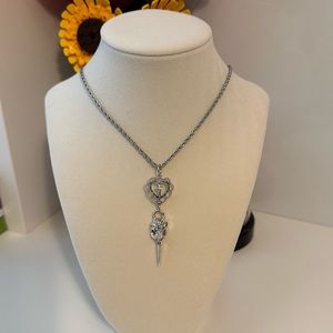 Bird Skull Pendant Necklace Silver Tone Heart and Cross Ravenous Bird Skull